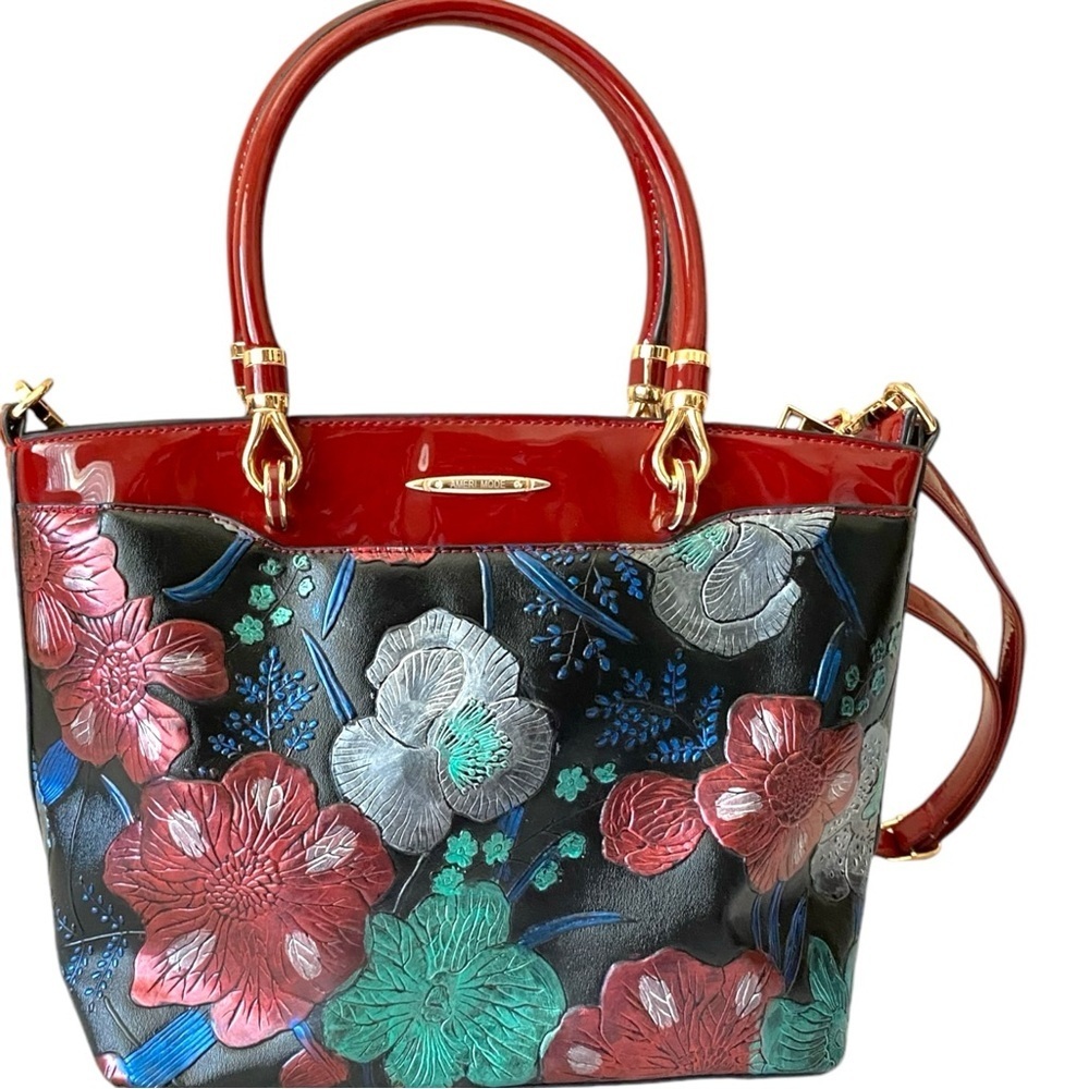 Womens Embossed Floral Distressed Tote Metallic Flowers Satchel Detachable Strap